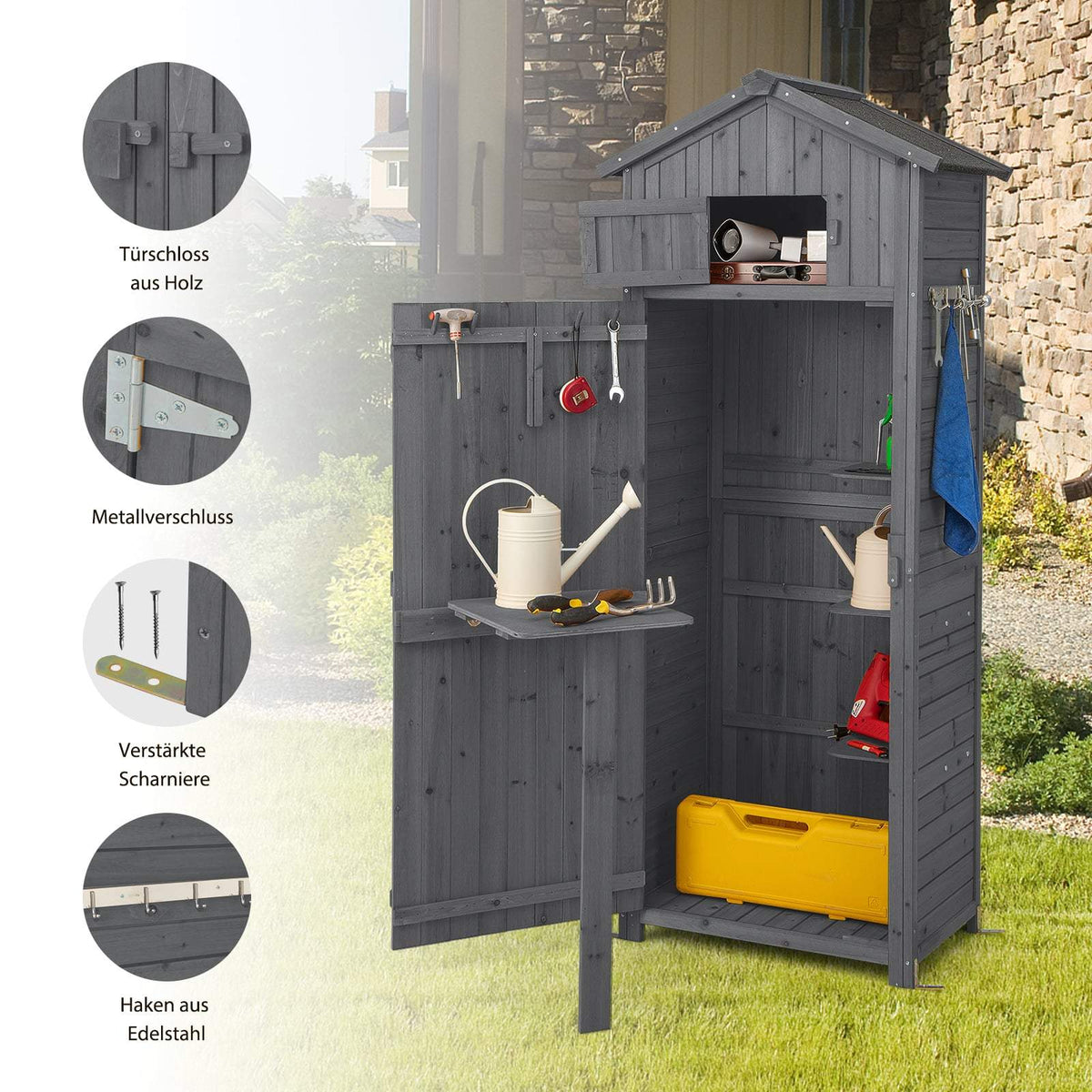 Outdoor Wooden Storage Shed, Lockable, Foldable Table, 180.5 cm