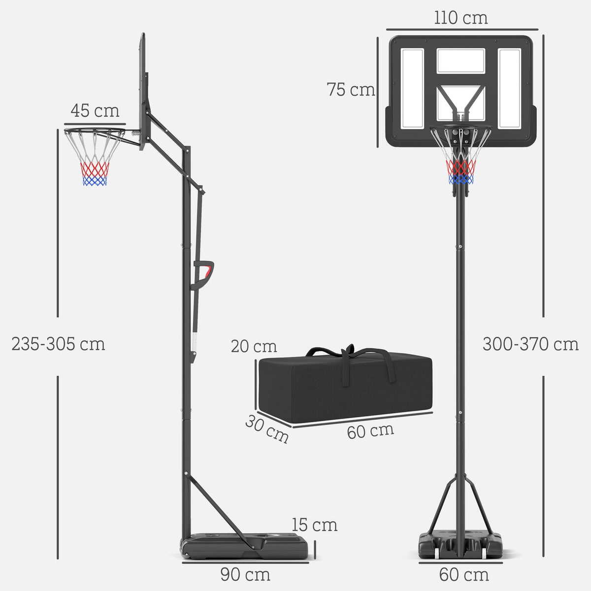 Outdoor basketball hoop, adjustable basket height 230-305 cm, basketball stand with 110 x 75 cm shatterproof back wall with wheels, spring-loaded basket, weight for adults
