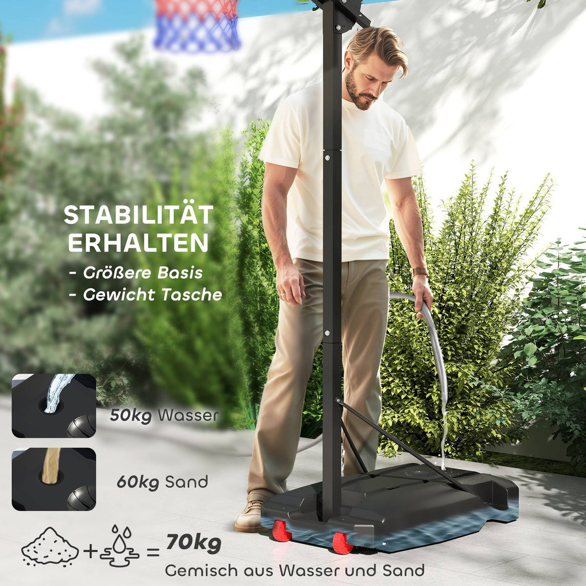 Outdoor basketball hoop for children, 200-260 cm, height-adjustable basketball stand with wheels, weight bag, basketball system with stand for children aged 6 and over, red