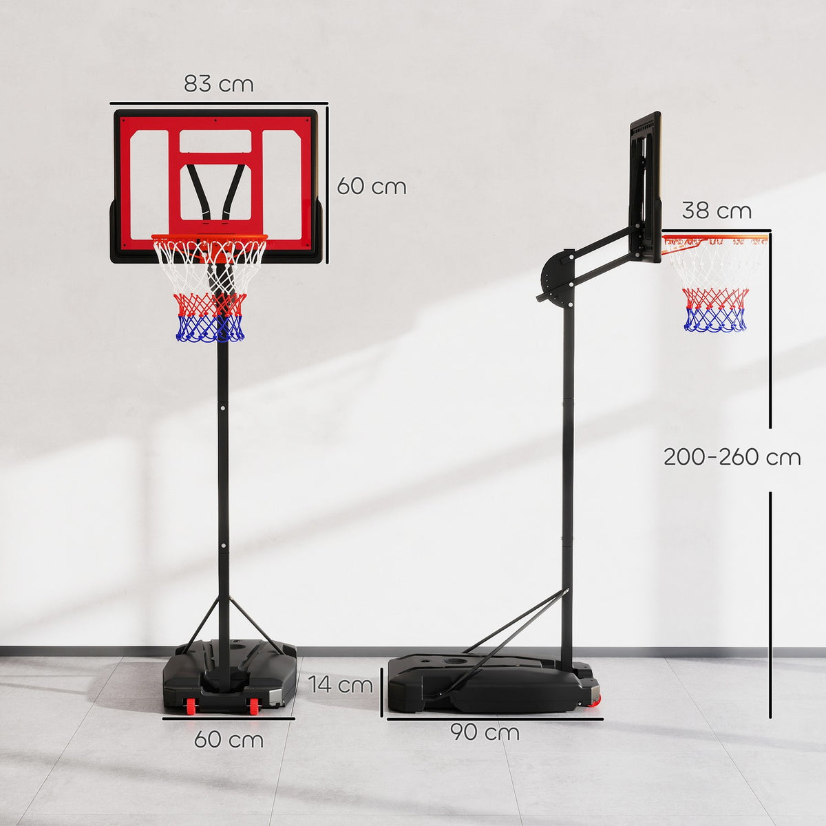 Outdoor basketball hoop for children, 200-260 cm, height-adjustable basketball stand with wheels, weight bag, basketball system with stand for children aged 6 and over, red