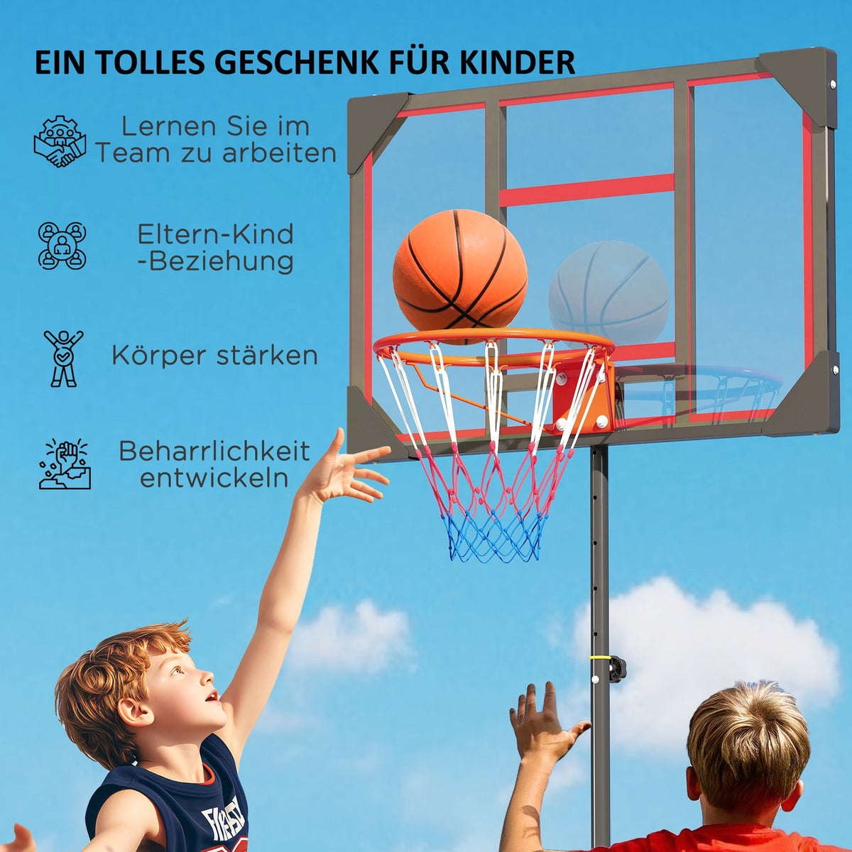 Outdoor basketball hoop for children, 210-260 cm height-adjustable basketball stand with wheels, basketball system with stand for children aged 6 and over, red