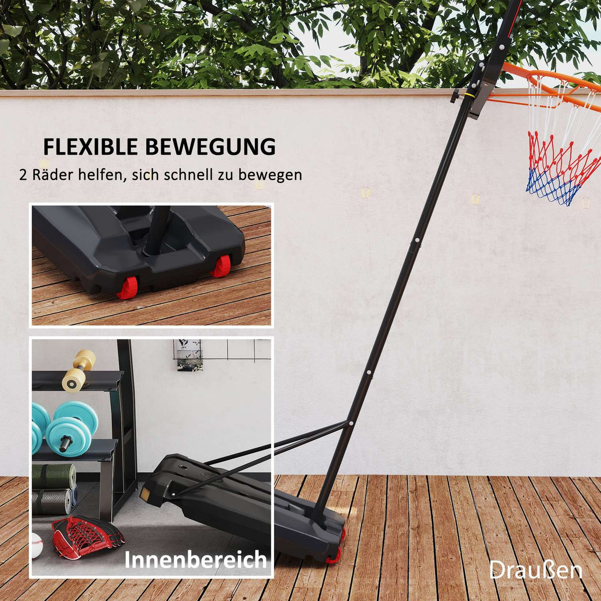 Outdoor basketball hoop for children, 210-260 cm height-adjustable basketball stand with wheels, basketball system with stand for children aged 6 and over, red