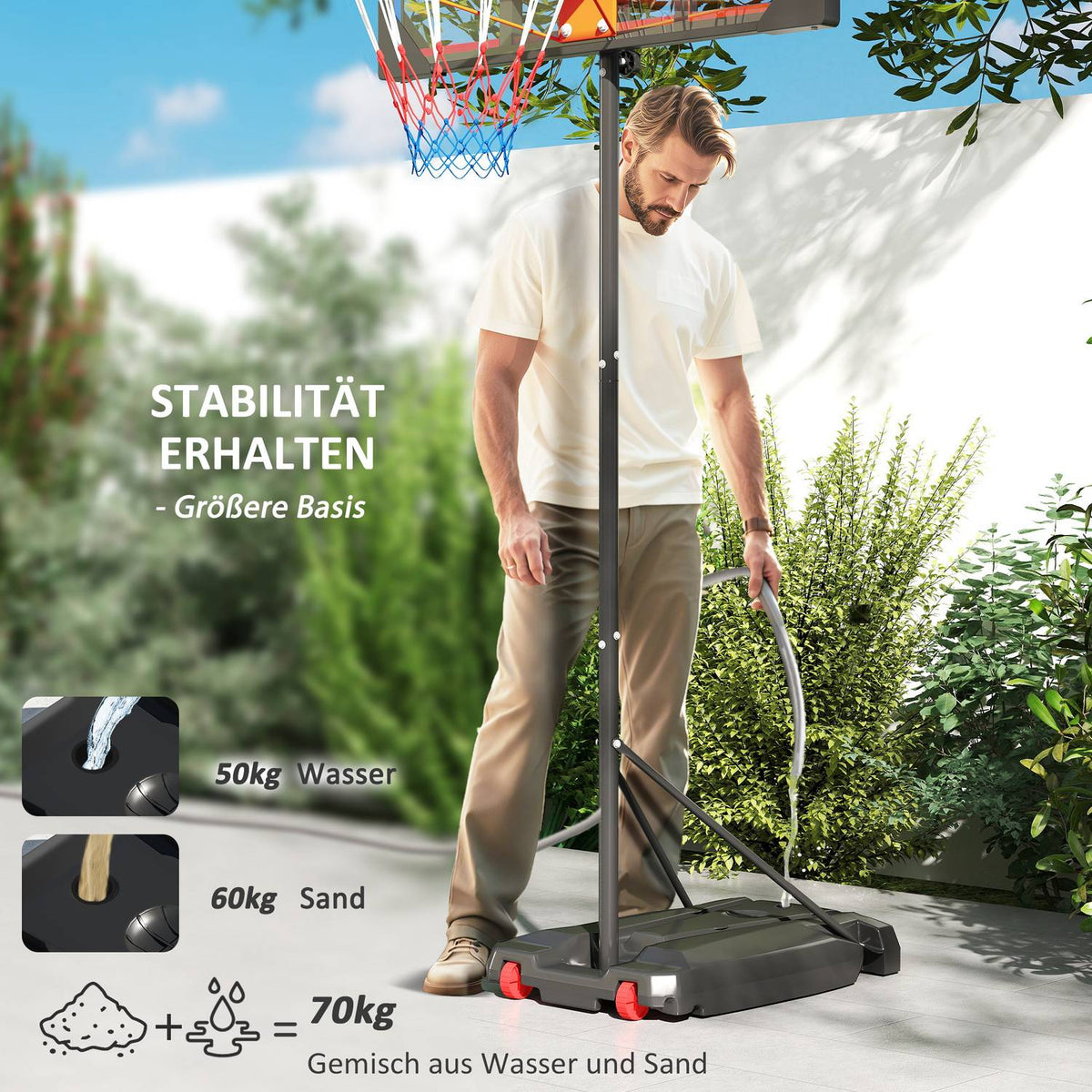 Outdoor basketball hoop for children, 210-260 cm height-adjustable basketball stand with wheels, basketball system with stand for children aged 6 and over, red