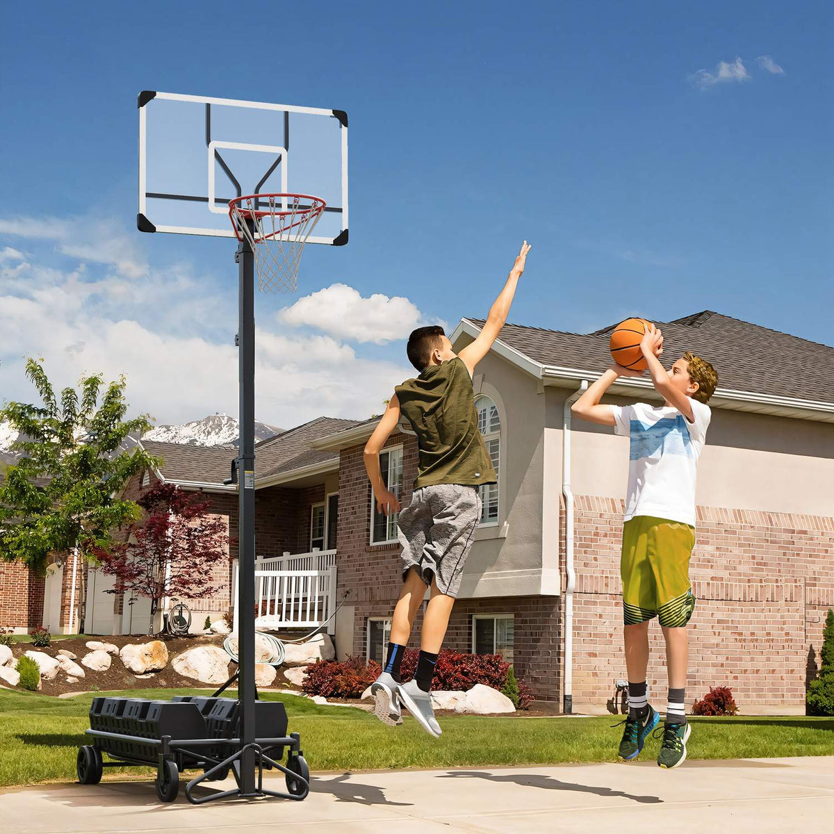 Outdoor basketball hoop with stand, 130-310 cm height adjustable, basketball stand, basketball system base with wheels
