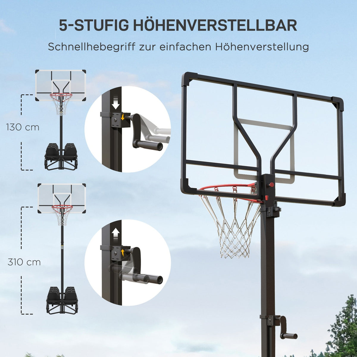 Outdoor basketball hoop with stand, 130-310 cm height adjustable, basketball stand, basketball system base with wheels