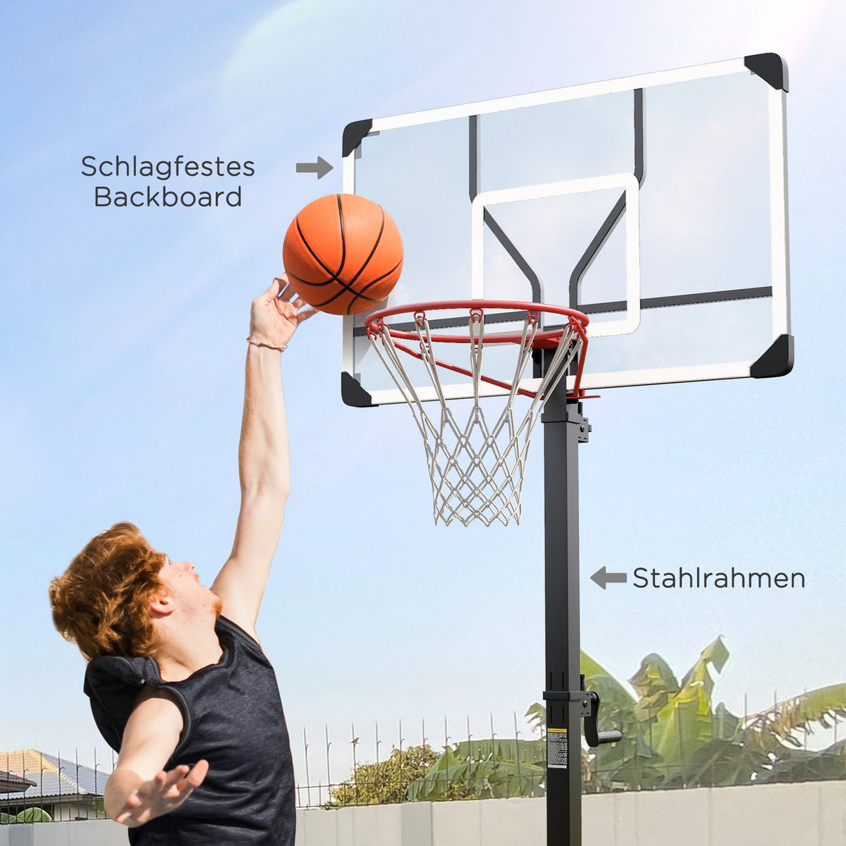 Outdoor basketball hoop with stand, 130-310 cm height adjustable, basketball stand, basketball system base with wheels