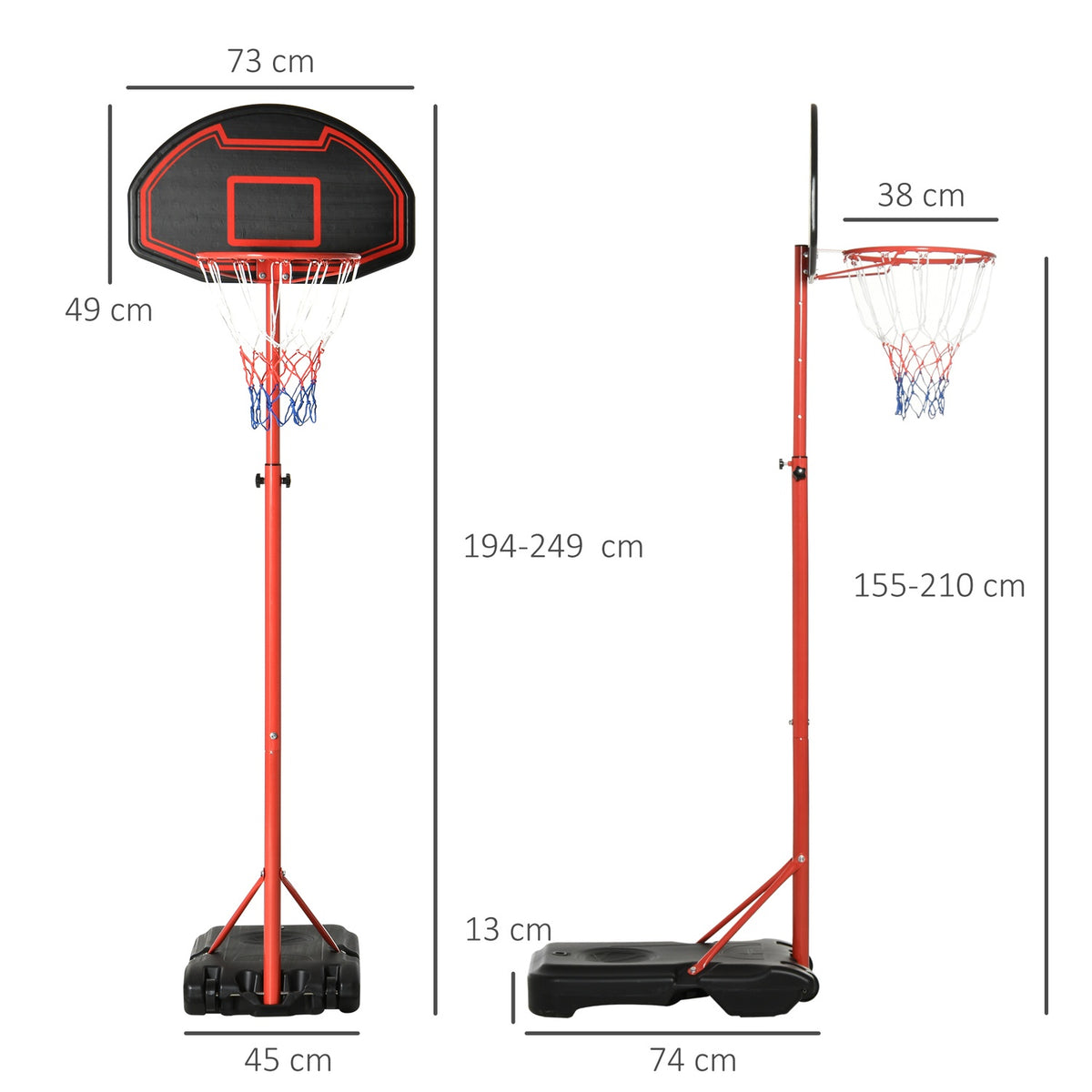 Outdoor basketball hoop with stand, 194-249 cm height adjustable basketball stand with wheels, basketball system stand