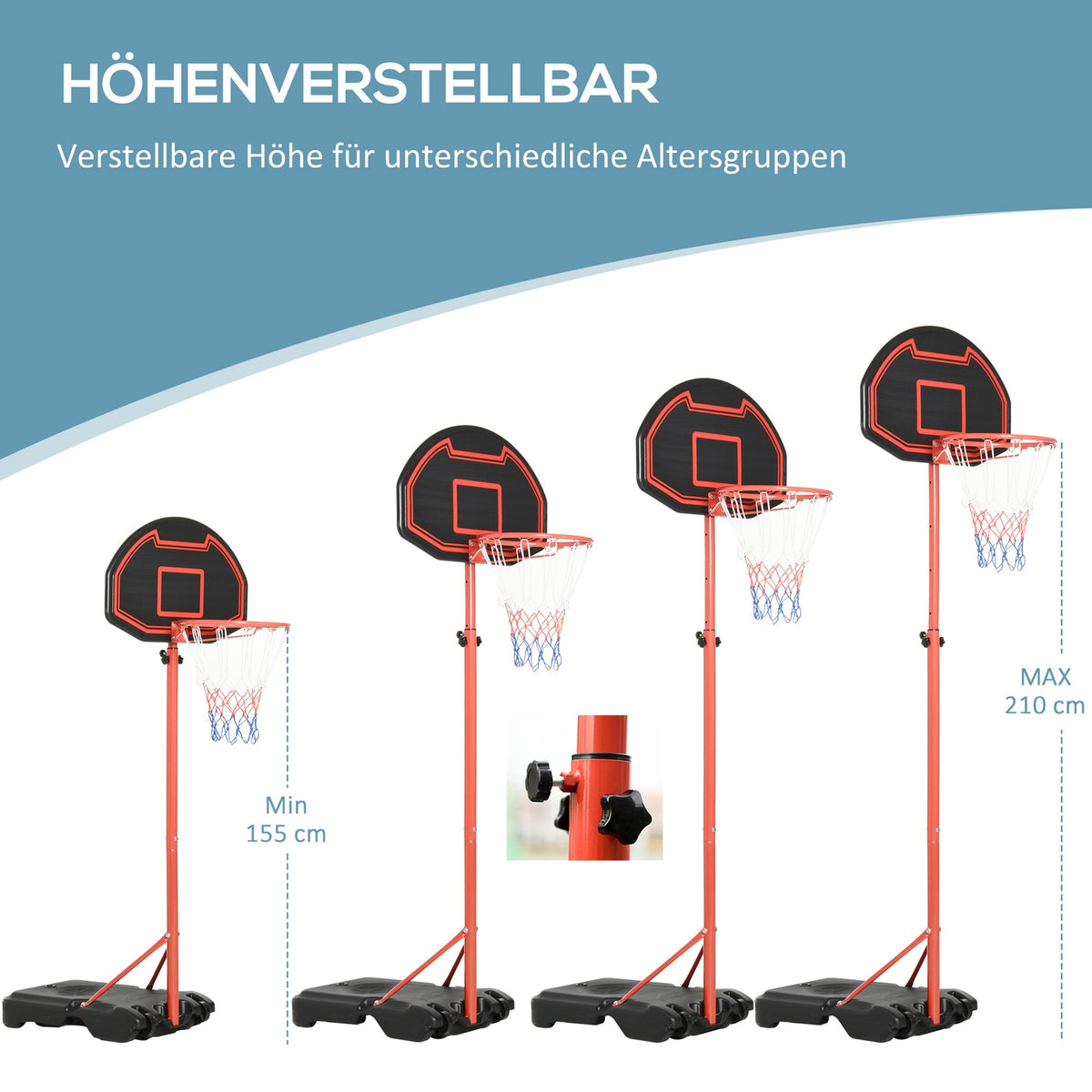 Outdoor basketball hoop with stand, 194-249 cm height adjustable basketball stand with wheels, basketball system stand