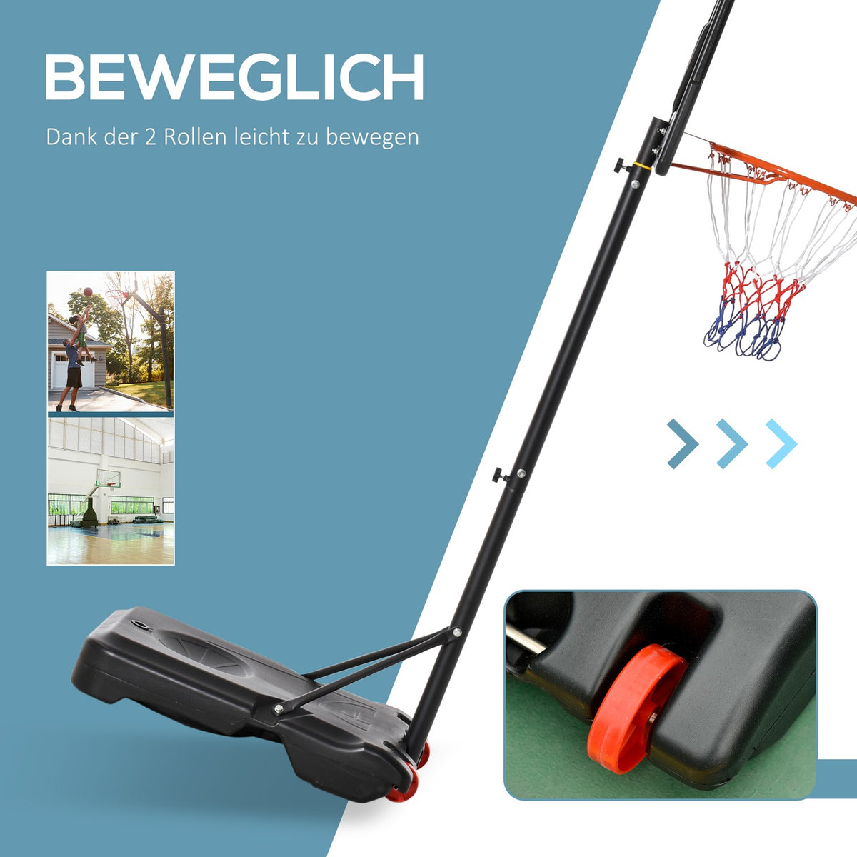 Outdoor basketball stand with wheels, 160-210 cm height adjustable Basketball hoop with stand, 83x59cm back wall, for teenagers in backyards, gardens, garages
