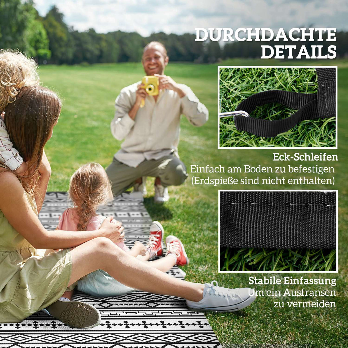 Outdoor carpet, robust weatherproof outdoor carpet, foldable carpet with boho style, outdoor carpet for living room, balcony, garden, terrace, bathroom, hallway, kitchen, 548 x 274 cm black + white