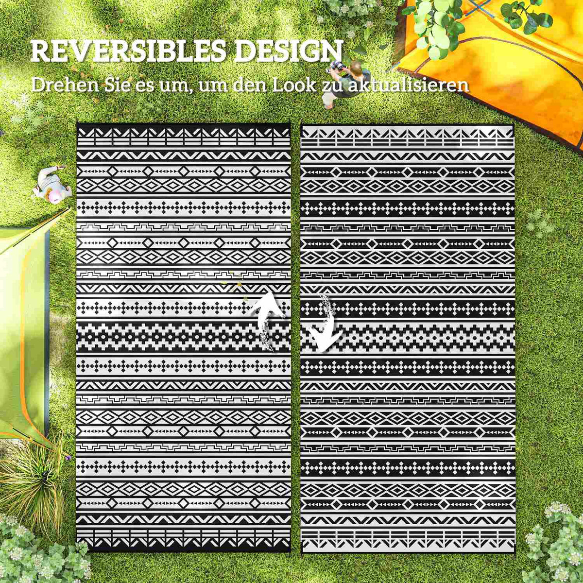 Outdoor carpet, robust weatherproof outdoor carpet, foldable carpet with boho style, outdoor carpet for living room, balcony, garden, terrace, bathroom, hallway, kitchen, 548 x 274 cm black + white