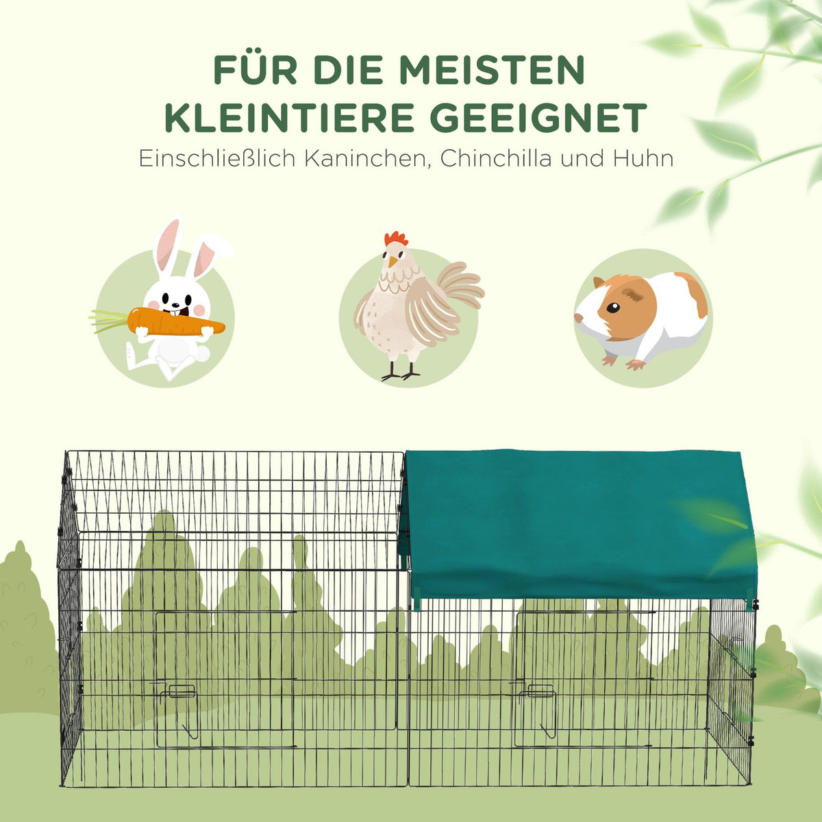 Outdoor enclosure 220 x 85 x 103 cm, small animal enclosure with cover, 4 doors, guinea pig enclosure for rabbits, steel, green