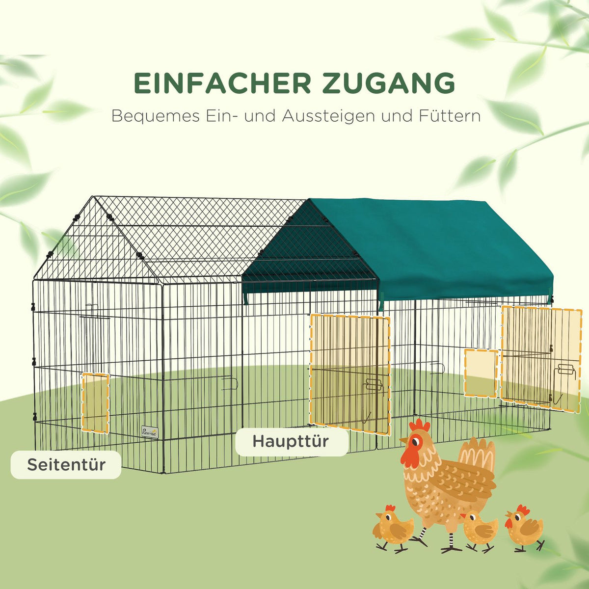 Outdoor enclosure 220 x 85 x 103 cm, small animal enclosure with cover, 4 doors, guinea pig enclosure for rabbits, steel, green