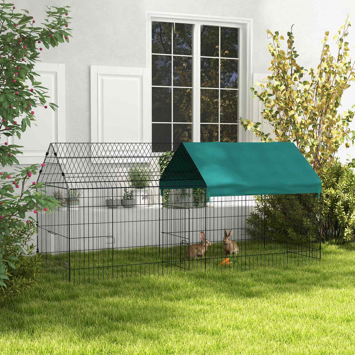 Outdoor enclosure 220 x 85 x 103 cm, small animal enclosure with cover, 4 doors, guinea pig enclosure for rabbits, steel, green