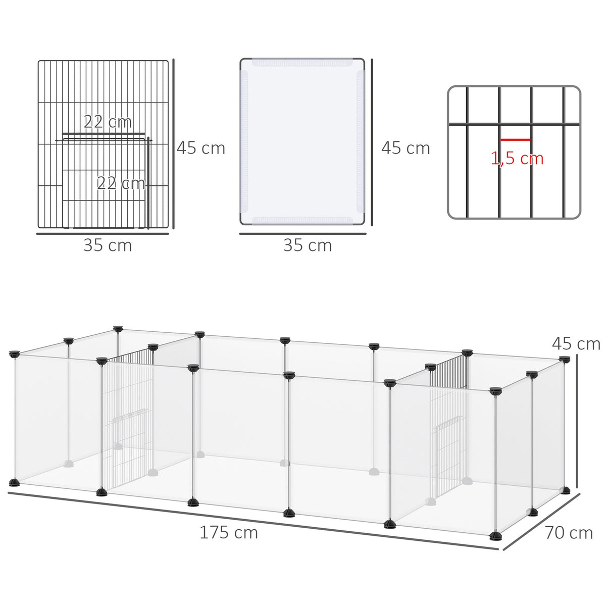 Outdoor enclosure, DIY small animal enclosure, guinea pig enclosure, expandable run for small animals, with 18 panels, steel, PP, white