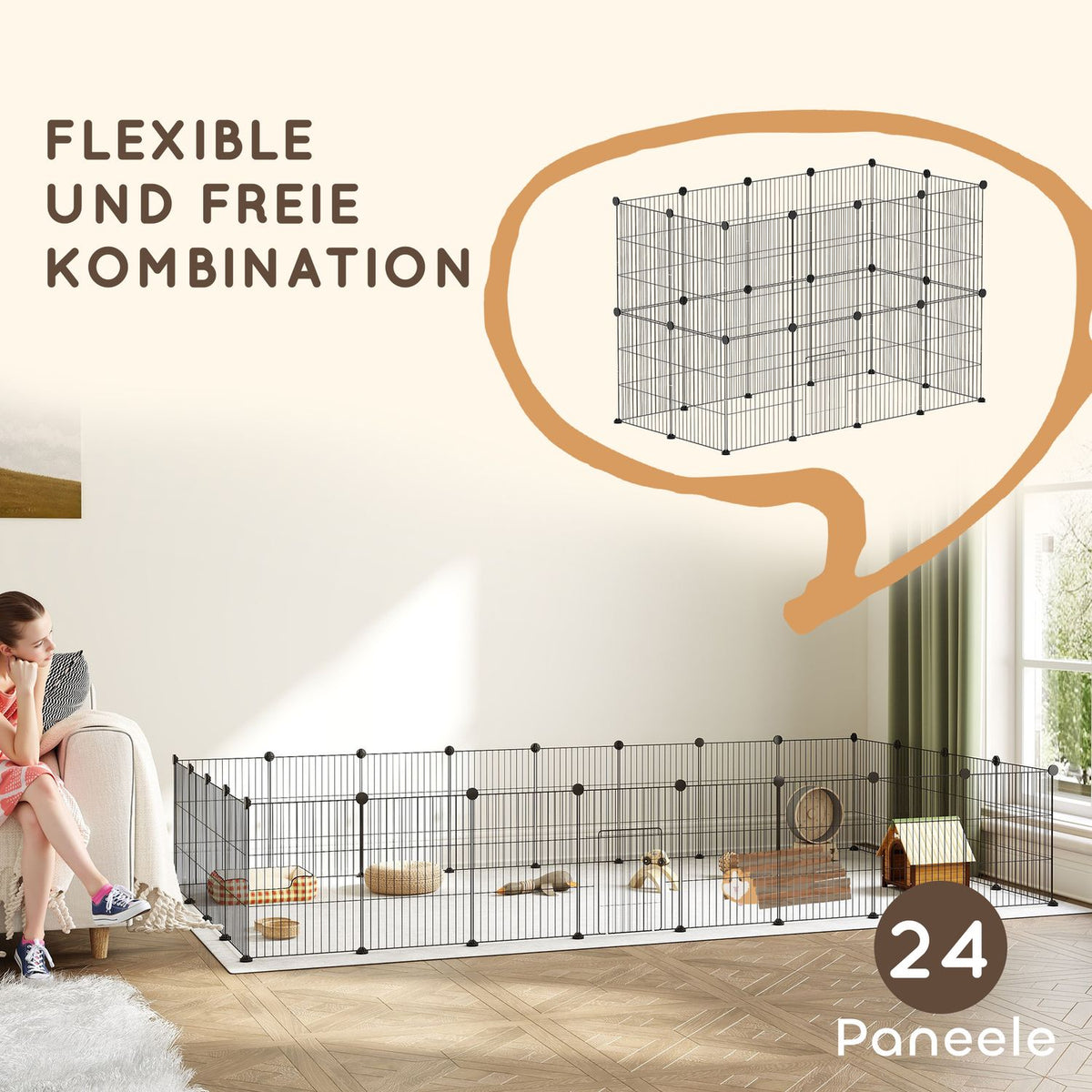 Outdoor enclosure for rabbits, small animal enclosure, guinea pig enclosure, small animal enclosure made of steel, mesh enclosure including door, indoor, 120 x 60 x 80 cm, black