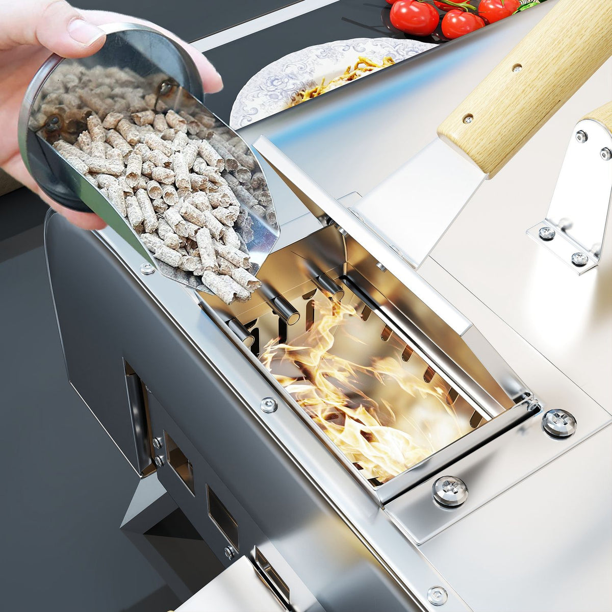 Outdoor pizza oven, wood-fired pizza oven made of stainless steel, oven with 1 cm thick pizza stone, folding leg, pizza shovel lid, portable wood oven, pizza ovens for camping, garden, party