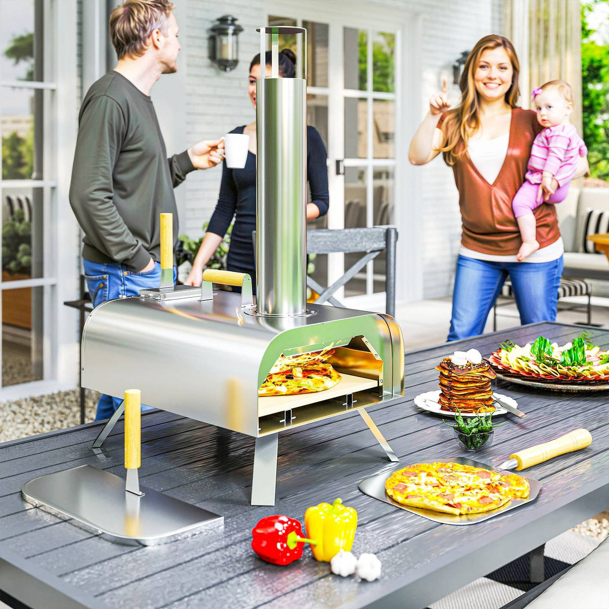 Outdoor pizza oven, wood-fired pizza oven made of stainless steel, oven with 1 cm thick pizza stone, folding leg, pizza shovel lid, portable wood oven, pizza ovens for camping, garden, party
