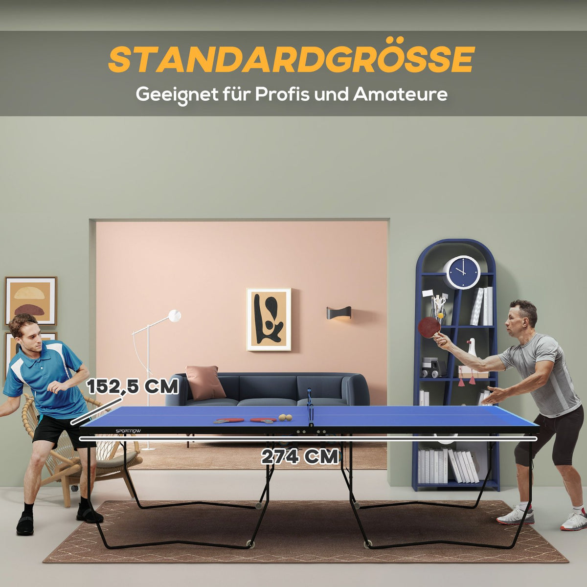 Outdoor table tennis table, foldable table tennis table with net, wheels, 2 table tennis bats, 3 balls, steel, blue, 274x152.5x76cm
