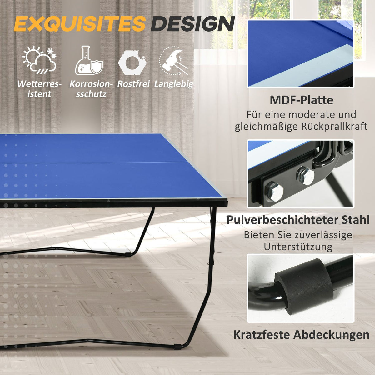 Outdoor table tennis table, foldable table tennis table with net, wheels, 2 table tennis bats, 3 balls, steel, blue, 274x152.5x76cm