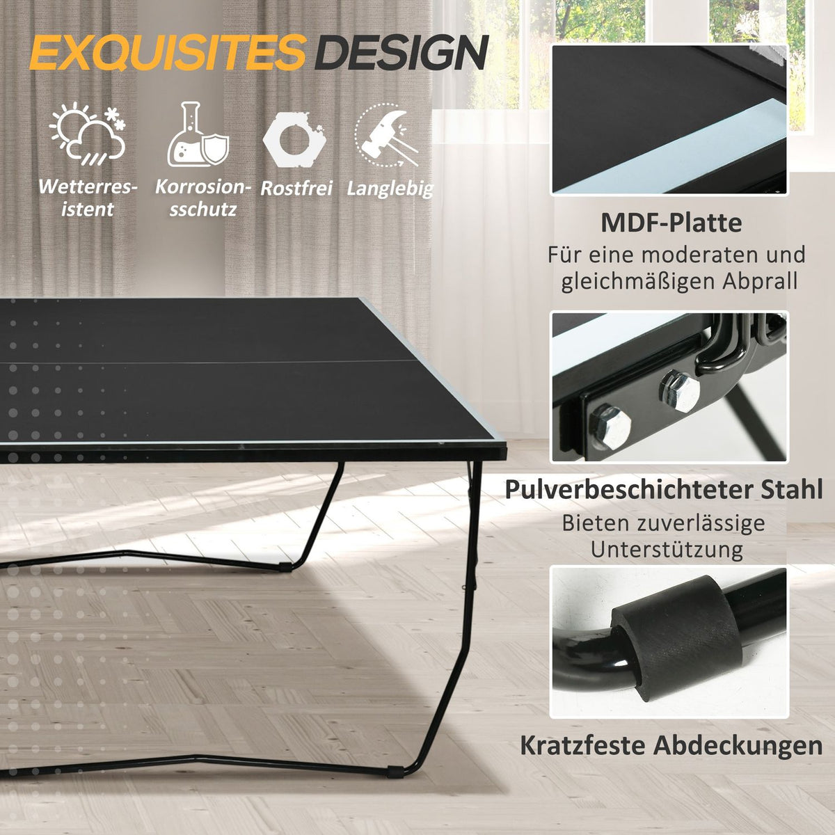 Outdoor table tennis table, foldable table tennis table with net, wheels, 2 table tennis bats and 3 balls, steel, black, 274 x 152.5 x 76 cm
