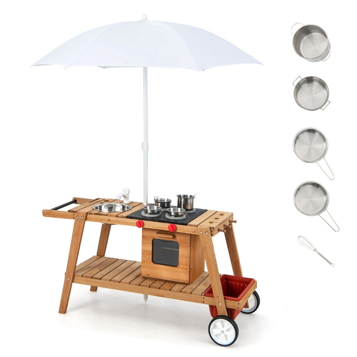 Outdoor toy trolley for children wooden toy trolley with natural parasol