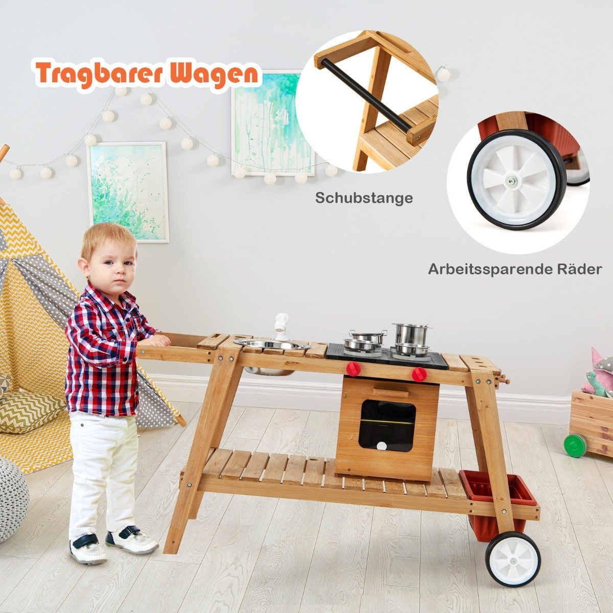 Outdoor toy trolley for children wooden toy trolley with natural parasol