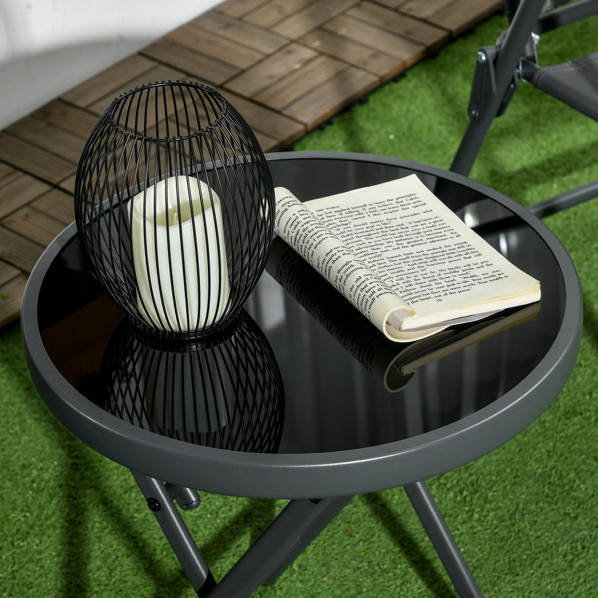 Outsnuuy folding side table, folding glass table, small camping table, round sofa table, balcony table for balcony, terrace, living room, office, 45 x 45 x 50 cm, black