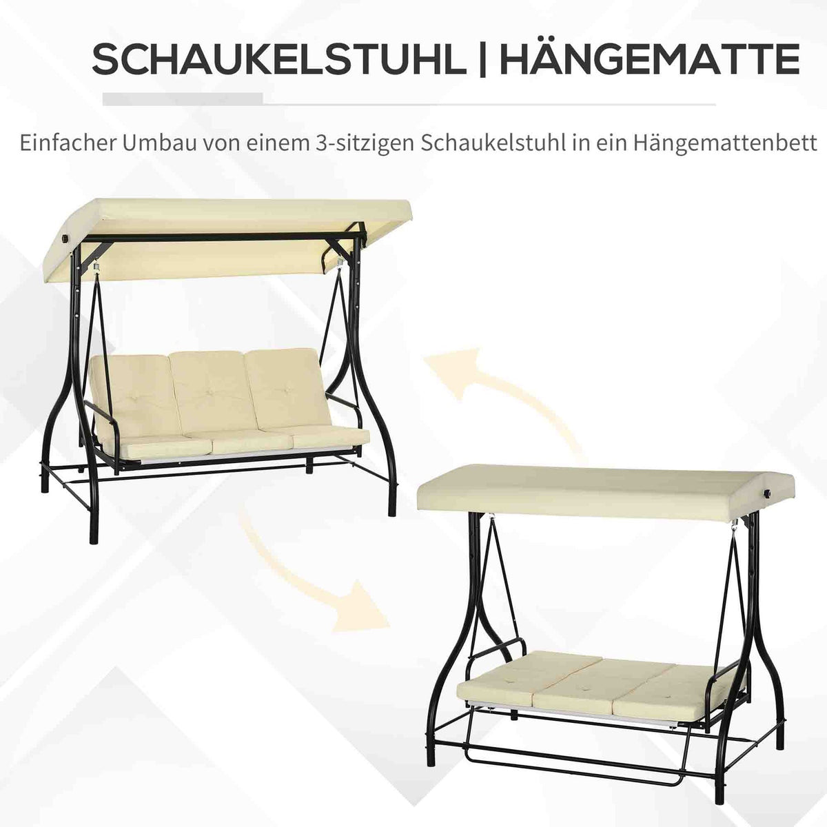 Outsuuny 2 in 1 Hollywood swing with reclining function, 3-seater garden swing with adjustable sun canopy, swing bench loads up to 240kg, garden lounger for garden, terrace, 195x117x175 cm, beige