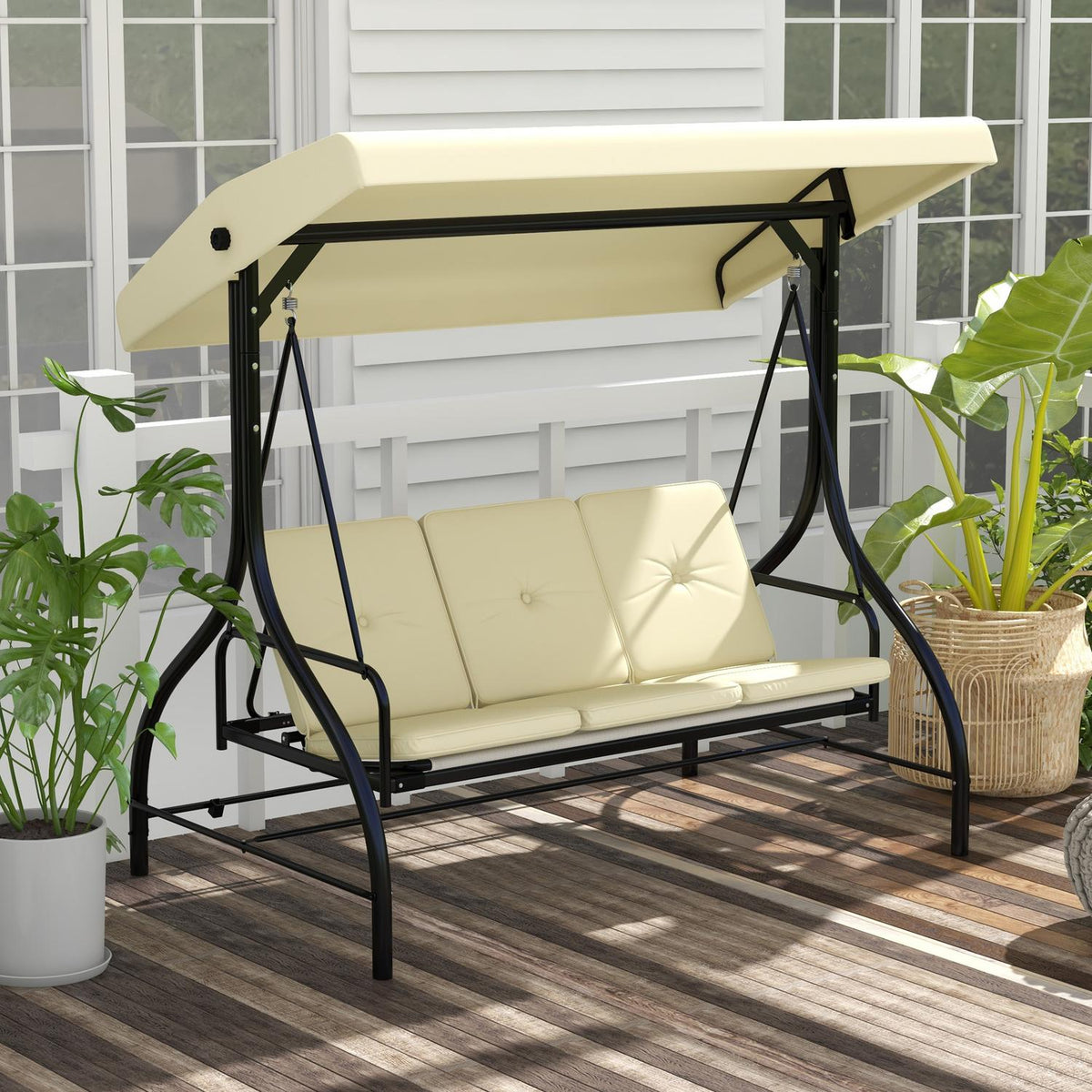 Outsuuny 2 in 1 Hollywood swing with reclining function, 3-seater garden swing with adjustable sun canopy, swing bench loads up to 240kg, garden lounger for garden, terrace, 195x117x175 cm, beige