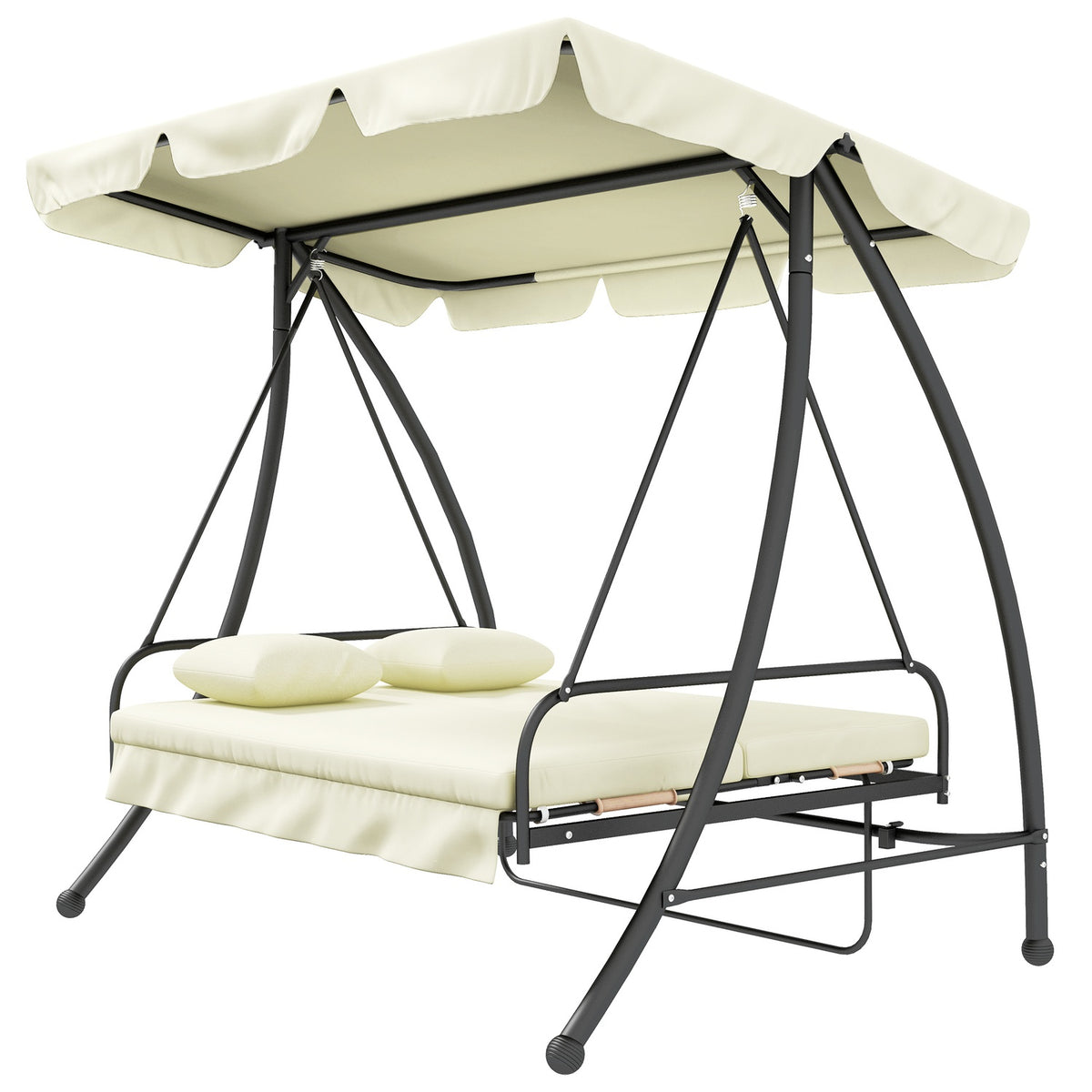 Outsuuny 2 in 1 Hollywood swing with reclining function, 3-seater garden swing with adjustable sun canopy, swing bench loads up to 240kg, garden lounger for garden, terrace, 200x125x170 cm, cream white