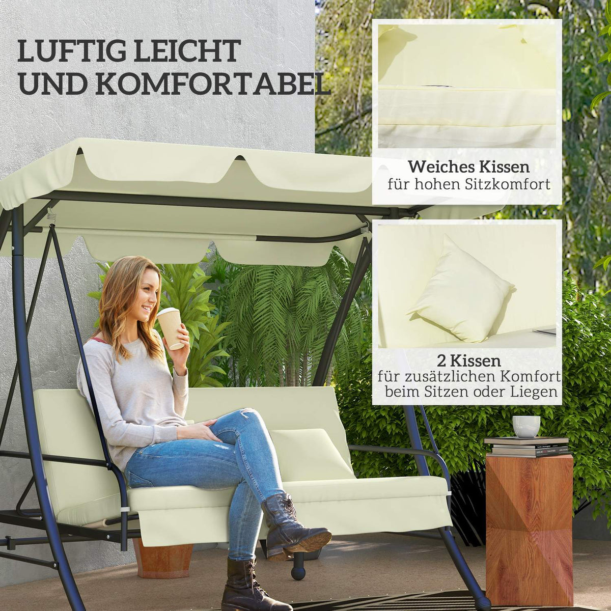 Outsuuny 2 in 1 Hollywood swing with reclining function, 3-seater garden swing with adjustable sun canopy, swing bench loads up to 240kg, garden lounger for garden, terrace, 200x125x170 cm, cream white