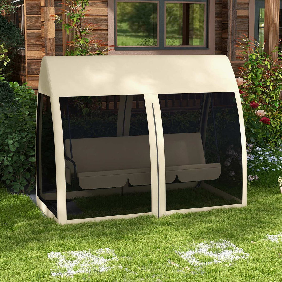 Outsuuny 2 in 1 Hollywood swing with reclining function, 3-seater garden swing with canopy, mosquito net, swing bench loads up to 300kg, garden lounger for garden, terrace, 240 x 140 x 197 cm, coffee