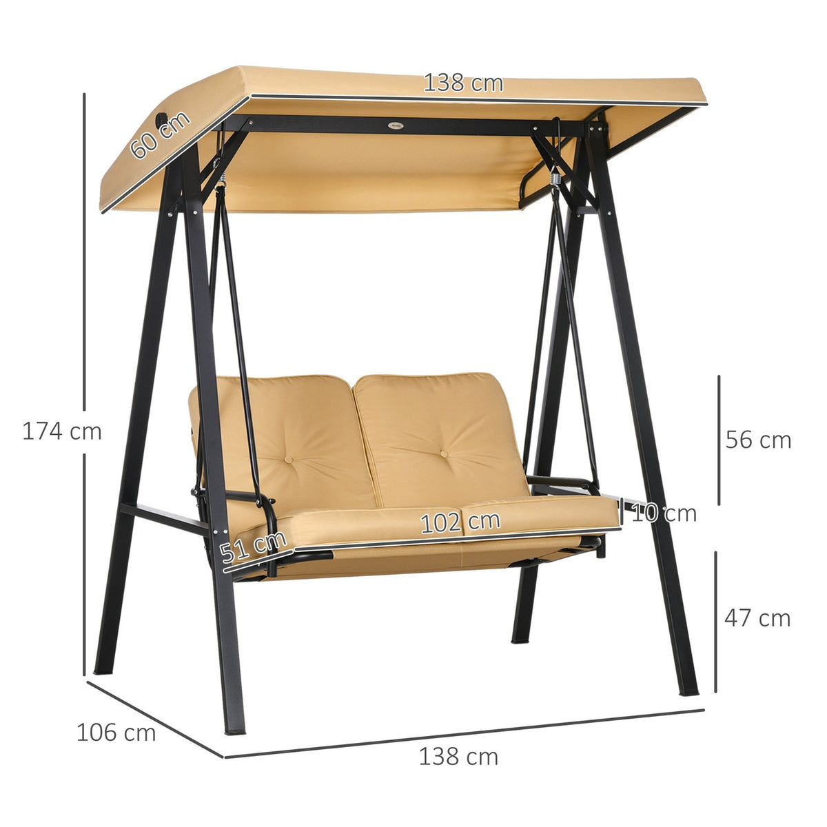 Outsuuny Hollywood swing 3-seater garden swing with adjustable sun canopy, swing bench loads up to 220kg, garden lounger for garden, terrace, 138 x 106 x 174 cm, beige