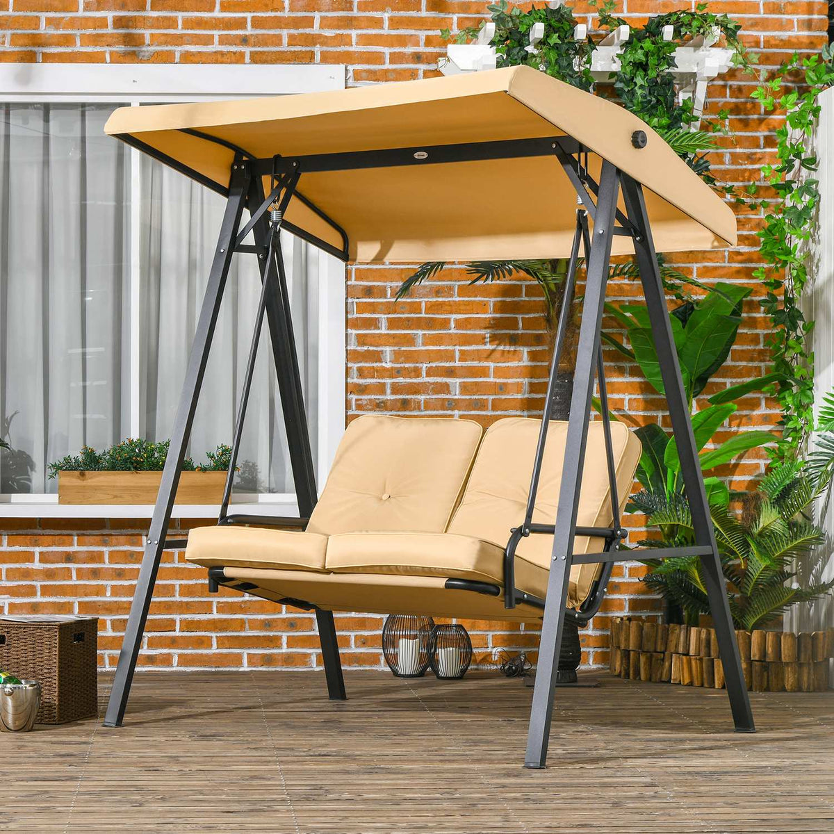 Outsuuny Hollywood swing 3-seater garden swing with adjustable sun canopy, swing bench loads up to 220kg, garden lounger for garden, terrace, 138 x 106 x 174 cm, beige