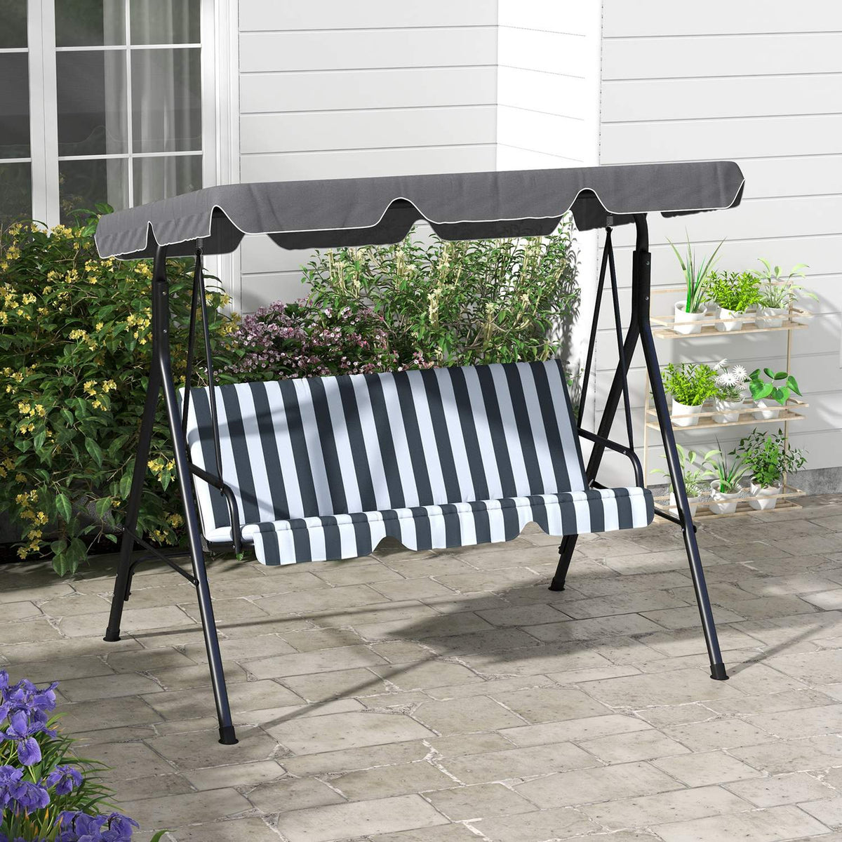 Outsuuny Hollywood swing with seat cushion, 3-seater garden swing with adjustable sun canopy, swing bench loads up to 240 kg, for garden, terrace, 172 x 110 x 153 cm, gray + white