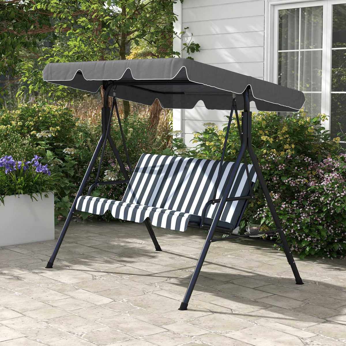Outsuuny Hollywood swing with seat cushion, 3-seater garden swing with adjustable sun canopy, swing bench loads up to 240 kg, for garden, terrace, 172 x 110 x 153 cm, gray + white
