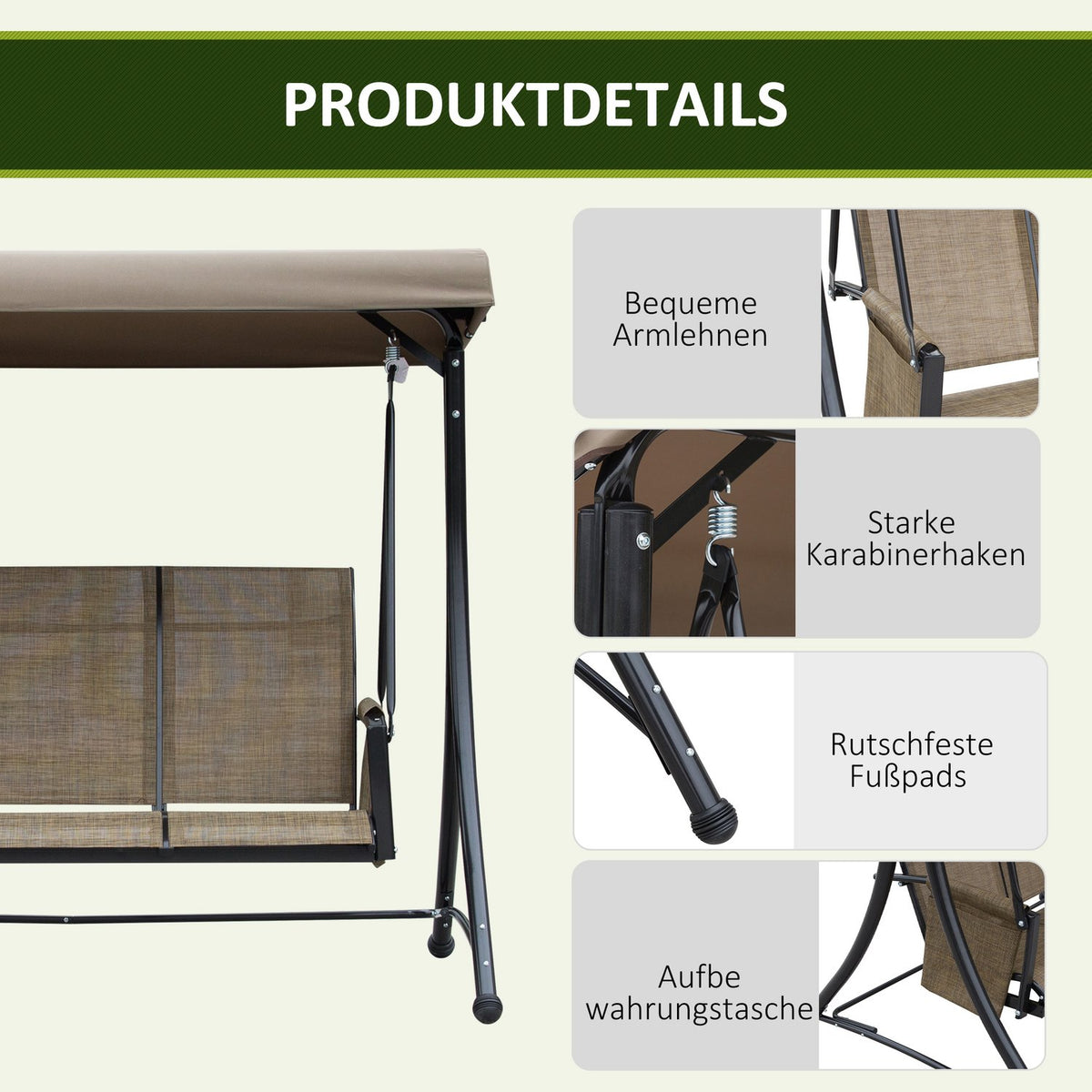 Outsuuny Hollywood swing with side pocket, 3-seater garden swing with adjustable sun canopy, swing bench loads up to 300kg, for garden, terrace, 196 x 128 x 172 cm, brown