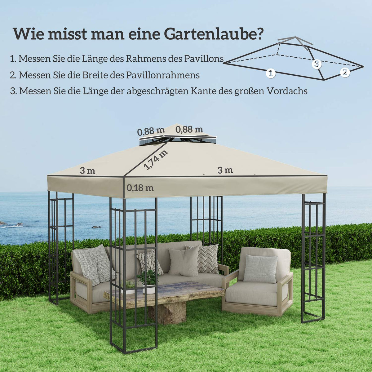 Outsuuny Replacement Roof for Gazebo 3 x 3 m Water Resistant Gazebo Roof Double Roof Replacement Cover for Garden Gazebo Oxford Fabric Replacement Parts 370gsm Cream White