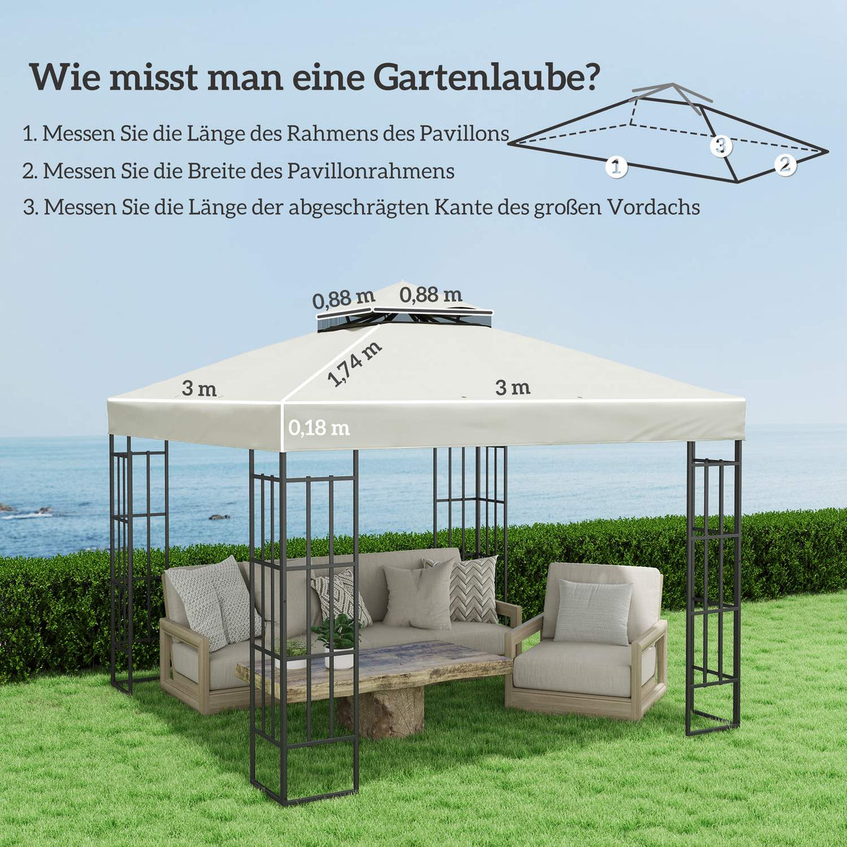 Outsuuny Replacement Roof for Gazebo 3x3m Waterproof Gazebo Roof Double Roof Replacement Cover for Garden Gazebo Oxford Fabric Replacement Parts 370gsm Light Gray