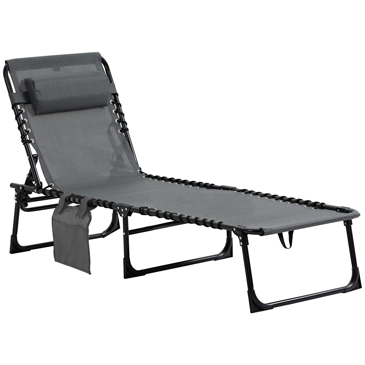 Outsuuny folding sun lounger garden lounger with pillow, side pocket, deck chair with 5-way adjustable backrest, weatherproof camping lounger can hold up to 120 kg, for garden beach pool, gray