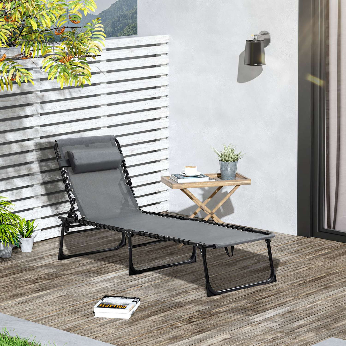 Outsuuny folding sun lounger garden lounger with pillow, side pocket, deck chair with 5-way adjustable backrest, weatherproof camping lounger can hold up to 120 kg, for garden beach pool, gray