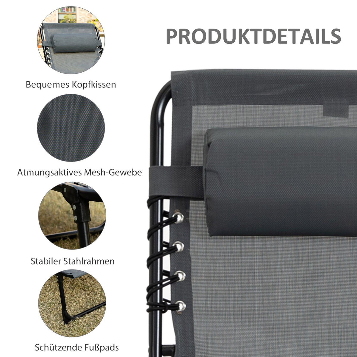 Outsuuny folding sun lounger garden lounger with pillow, side pocket, deck chair with 5-way adjustable backrest, weatherproof camping lounger can hold up to 120 kg, for garden beach pool, gray