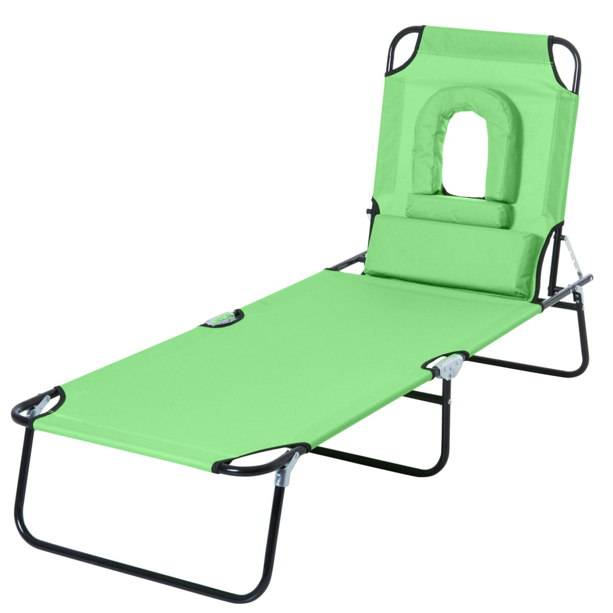 Outsuuny folding sun lounger garden lounger with reading window, pillow, deck chair with 4-way adjustable backrest, weatherproof camping lounger can hold up to 120 kg, for garden beach pool, green