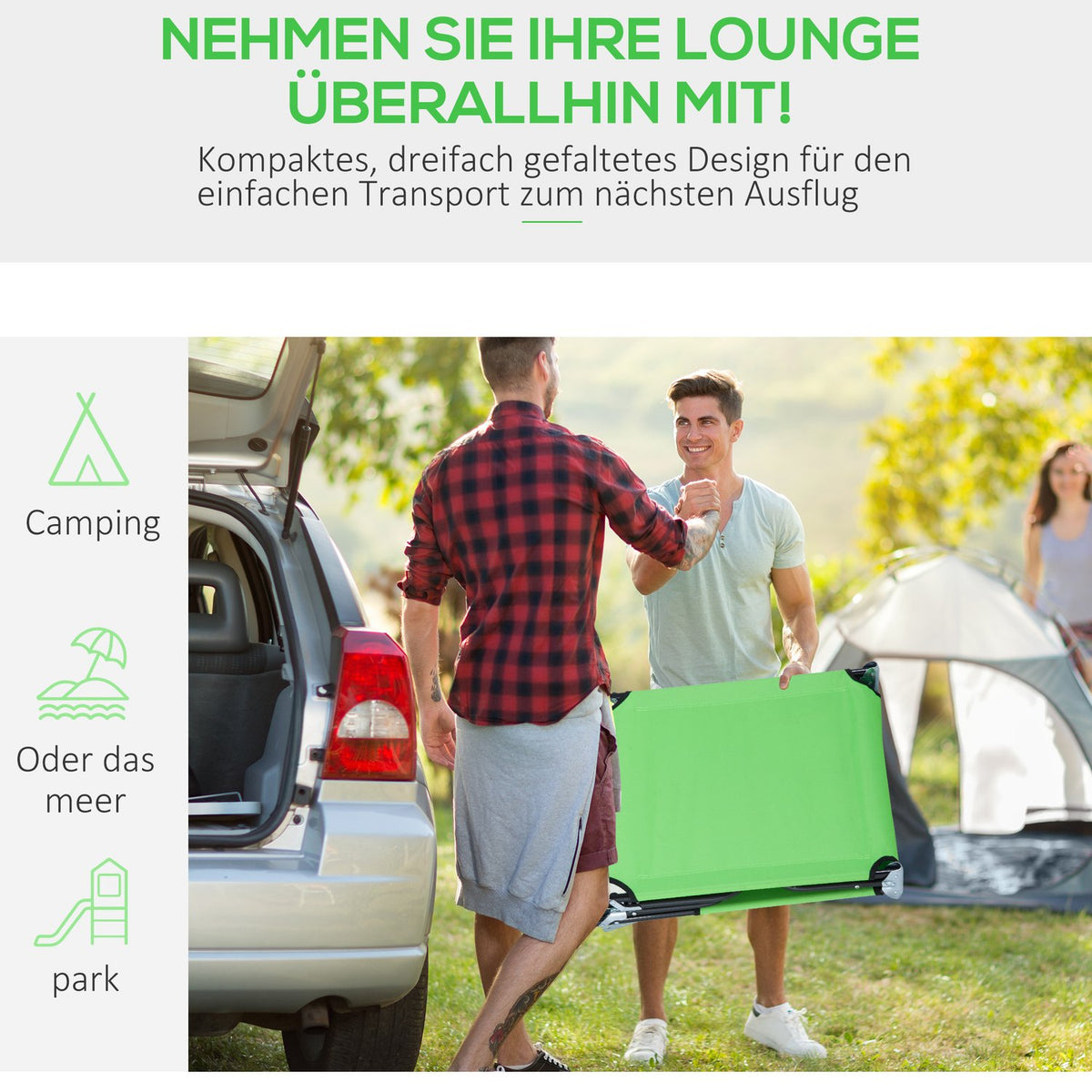 Outsuuny folding sun lounger garden lounger with reading window, pillow, deck chair with 4-way adjustable backrest, weatherproof camping lounger can hold up to 120 kg, for garden beach pool, green