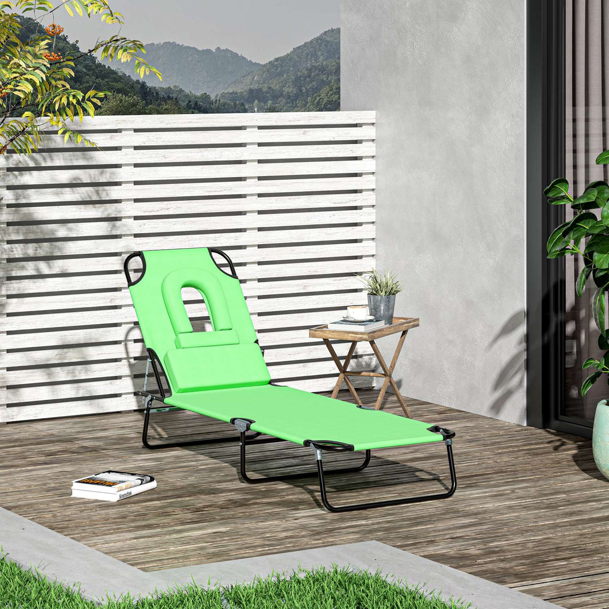 Outsuuny folding sun lounger garden lounger with reading window, pillow, deck chair with 4-way adjustable backrest, weatherproof camping lounger can hold up to 120 kg, for garden beach pool, green
