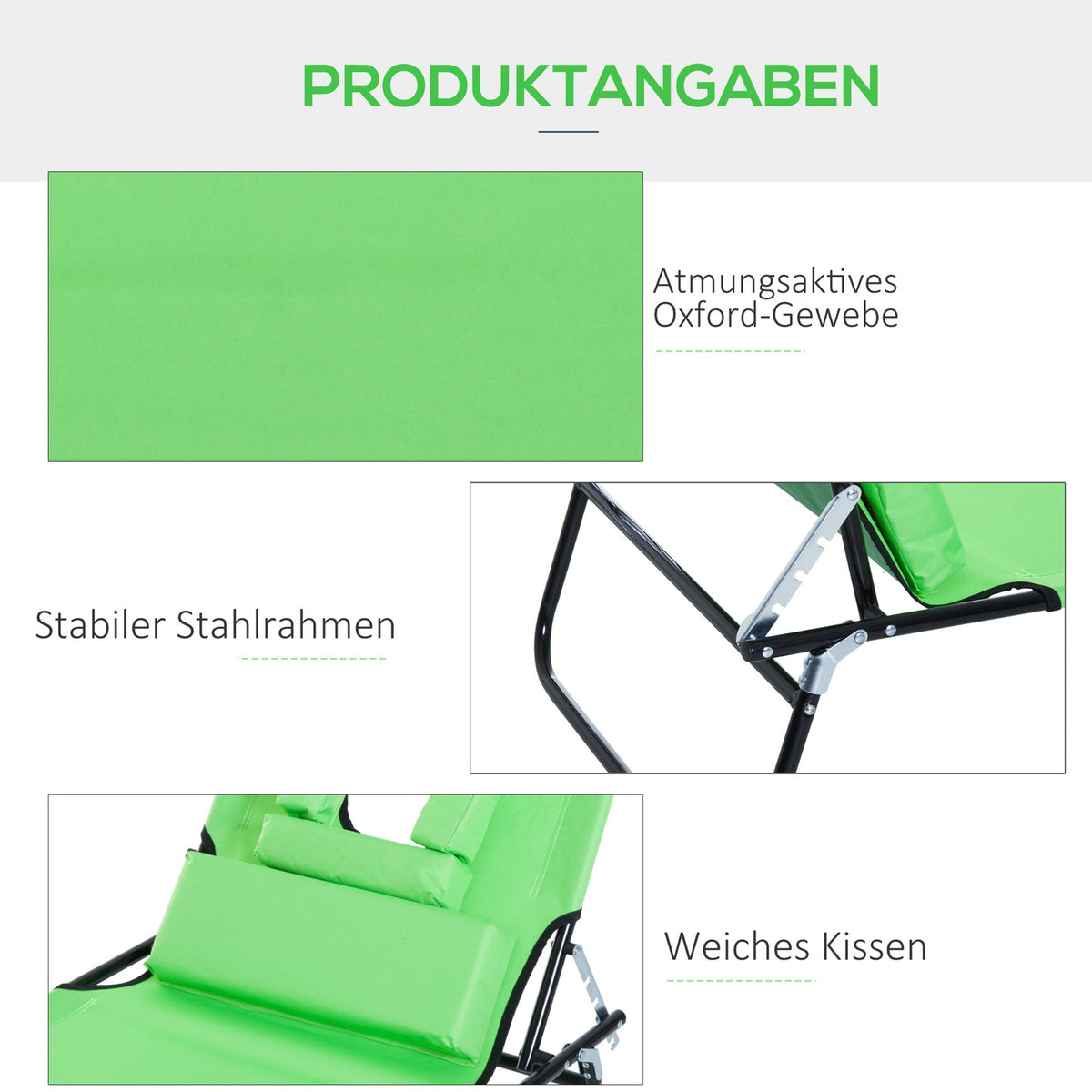 Outsuuny folding sun lounger garden lounger with reading window, pillow, deck chair with 4-way adjustable backrest, weatherproof camping lounger can hold up to 120 kg, for garden beach pool, green