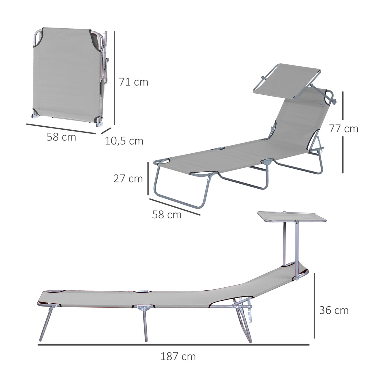 Outsuuny sun lounger folding garden lounger with roof, deck chair with 4-way adjustable backrest, weatherproof camping lounger can hold up to 120 kg, for garden beach pool, light gray