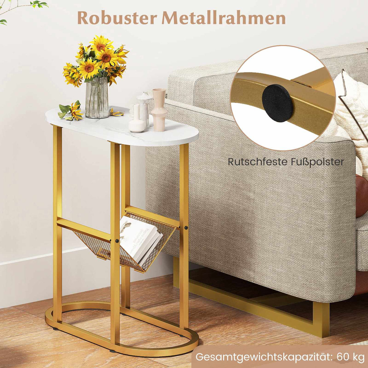 Oval 2-Tier Side Table with Magazine Rack, White