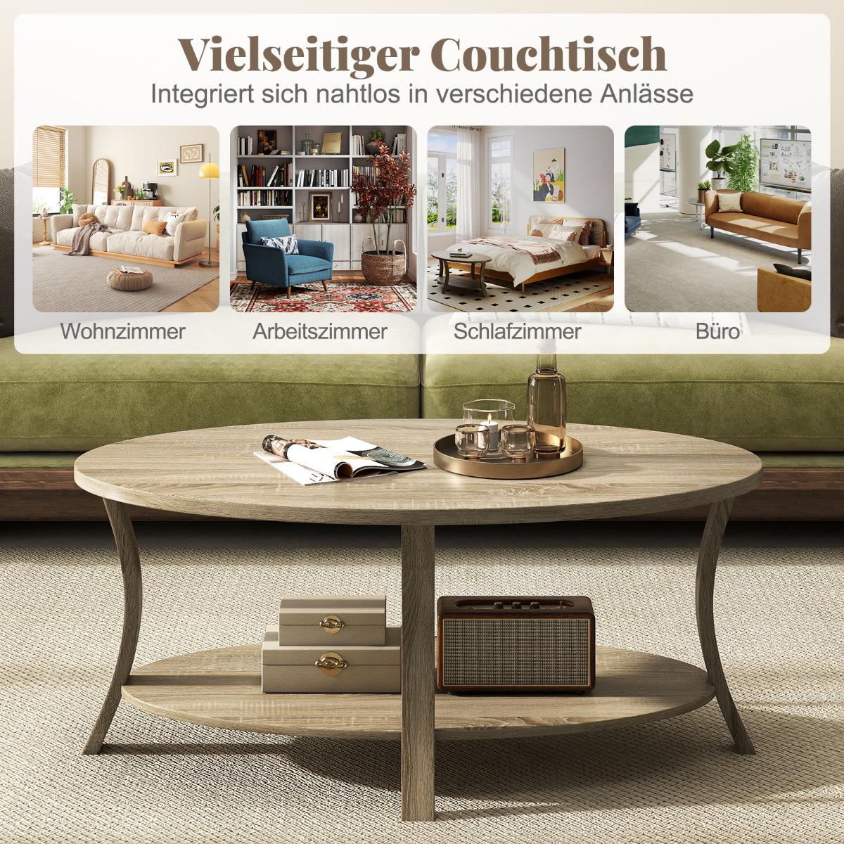 Oval Coffee Table with Shelf, 2-Tier Rubberwood Design